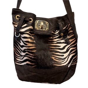 Bruno Magli  Brown and cream leather animal print bucket  bag adjustable strap